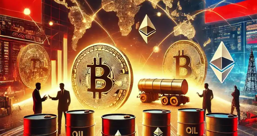 Futuristic digital illustration of Russia using Bitcoin and Ethereum in global oil trade with China and India.