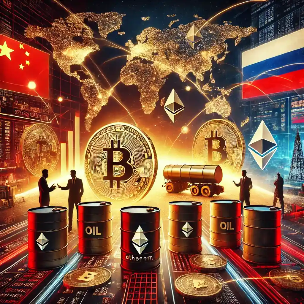 Futuristic digital illustration of Russia using Bitcoin and Ethereum in global oil trade with China and India.
