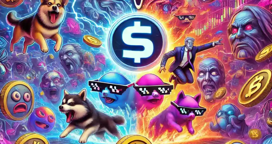 A dramatic digital illustration of a chaotic memecoin trading arena centered around the Solana blockchain.