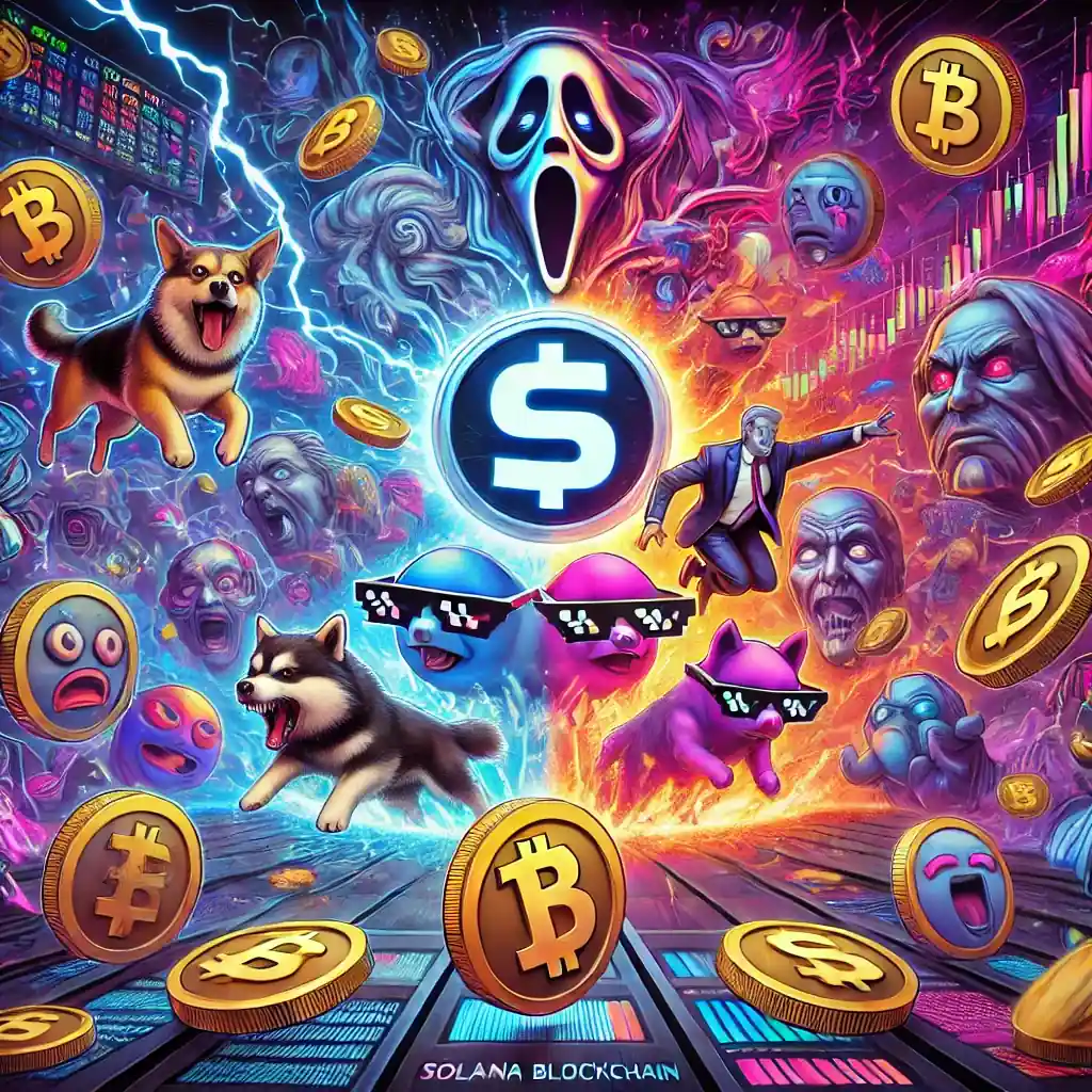 A dramatic digital illustration of a chaotic memecoin trading arena centered around the Solana blockchain.