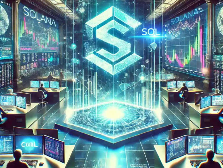 Illustration futuriste montrant l’intégration de Solana (SOL) sur le marché des dérivés du CME, avec un trading floor high-tech, des écrans affichant des contrats à terme et un hologramme du logo Solana.