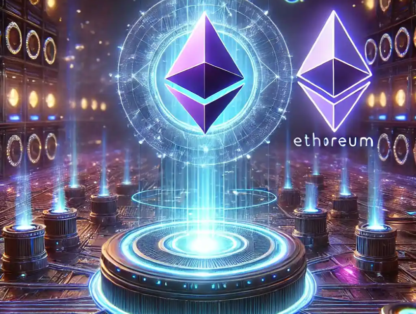 Illustration futuriste représentant la puissance de la blockchain Solana avec un réseau numérique haute vitesse et le logo d'Ethereum en arrière-plan.