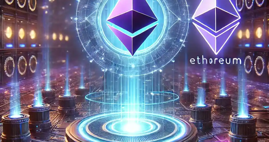 Illustration futuriste représentant la puissance de la blockchain Solana avec un réseau numérique haute vitesse et le logo d'Ethereum en arrière-plan.