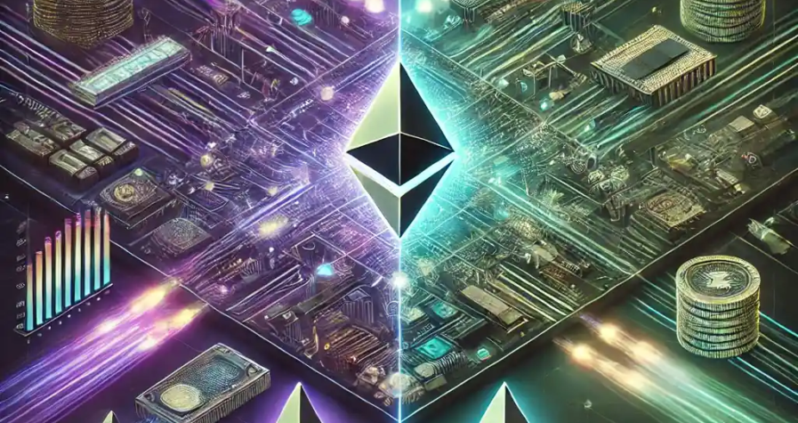 A futuristic, high-tech split-screen illustration comparing Solana and Ethereum blockchains. Solana is depicted with a fast-moving digital network in purple, green, and black, while Ethereum shows a congested network in blue and gray with pending transaction icons.