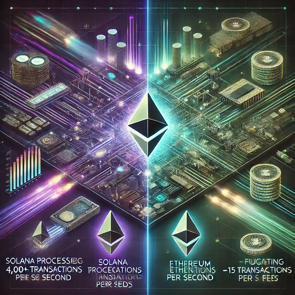 A futuristic, high-tech split-screen illustration comparing Solana and Ethereum blockchains. Solana is depicted with a fast-moving digital network in purple, green, and black, while Ethereum shows a congested network in blue and gray with pending transaction icons.