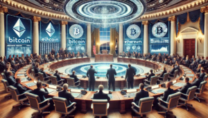 Illustration numérique d’un sommet sur les crypto-monnaies à la Maison Blanche, avec des écrans affichant Bitcoin et Ethereum, des experts discutant de régulations et une atmosphère tendue reflétant la réaction du marché.