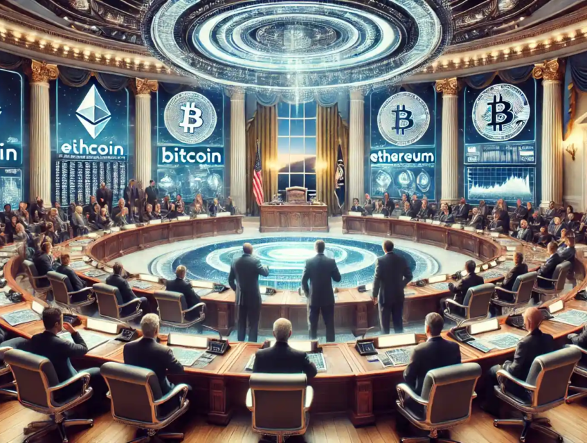 Illustration numérique d’un sommet sur les crypto-monnaies à la Maison Blanche, avec des écrans affichant Bitcoin et Ethereum, des experts discutant de régulations et une atmosphère tendue reflétant la réaction du marché.