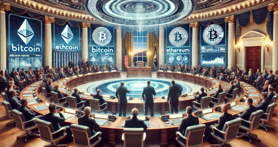 Illustration numérique d’un sommet sur les crypto-monnaies à la Maison Blanche, avec des écrans affichant Bitcoin et Ethereum, des experts discutant de régulations et une atmosphère tendue reflétant la réaction du marché.