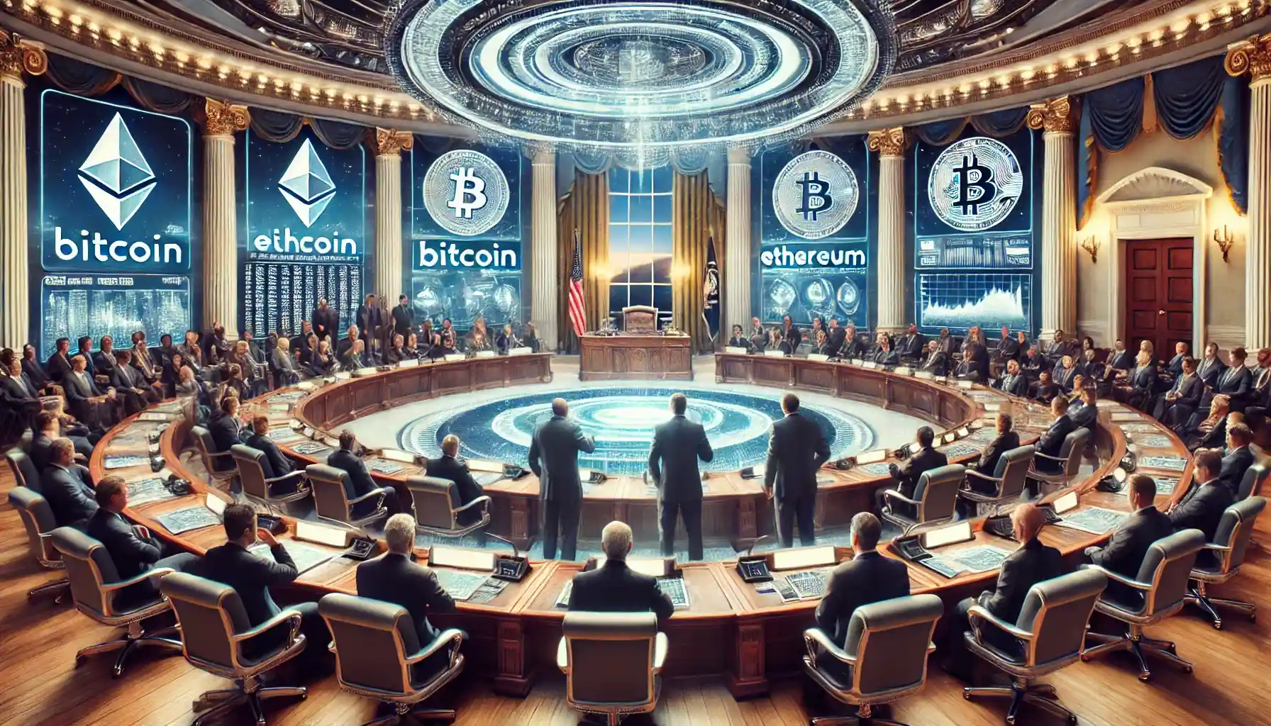 Illustration numérique d’un sommet sur les crypto-monnaies à la Maison Blanche, avec des écrans affichant Bitcoin et Ethereum, des experts discutant de régulations et une atmosphère tendue reflétant la réaction du marché.