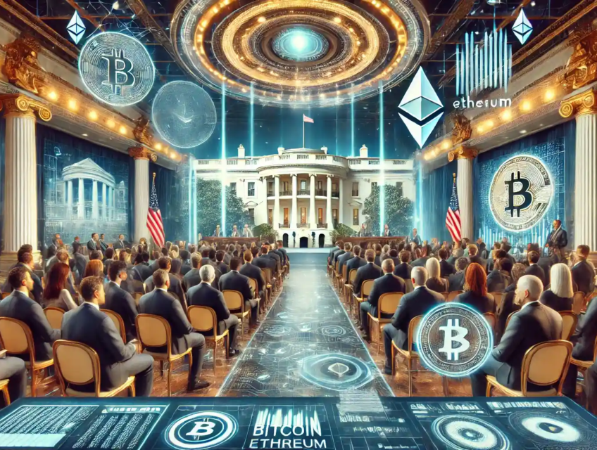 Illustration futuriste représentant un sommet sur les crypto-monnaies à la Maison Blanche, réunissant Donald Trump, des experts financiers et des leaders du secteur blockchain.