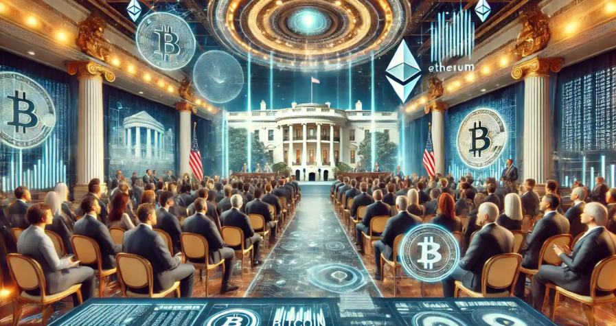 Illustration futuriste représentant un sommet sur les crypto-monnaies à la Maison Blanche, réunissant Donald Trump, des experts financiers et des leaders du secteur blockchain.
