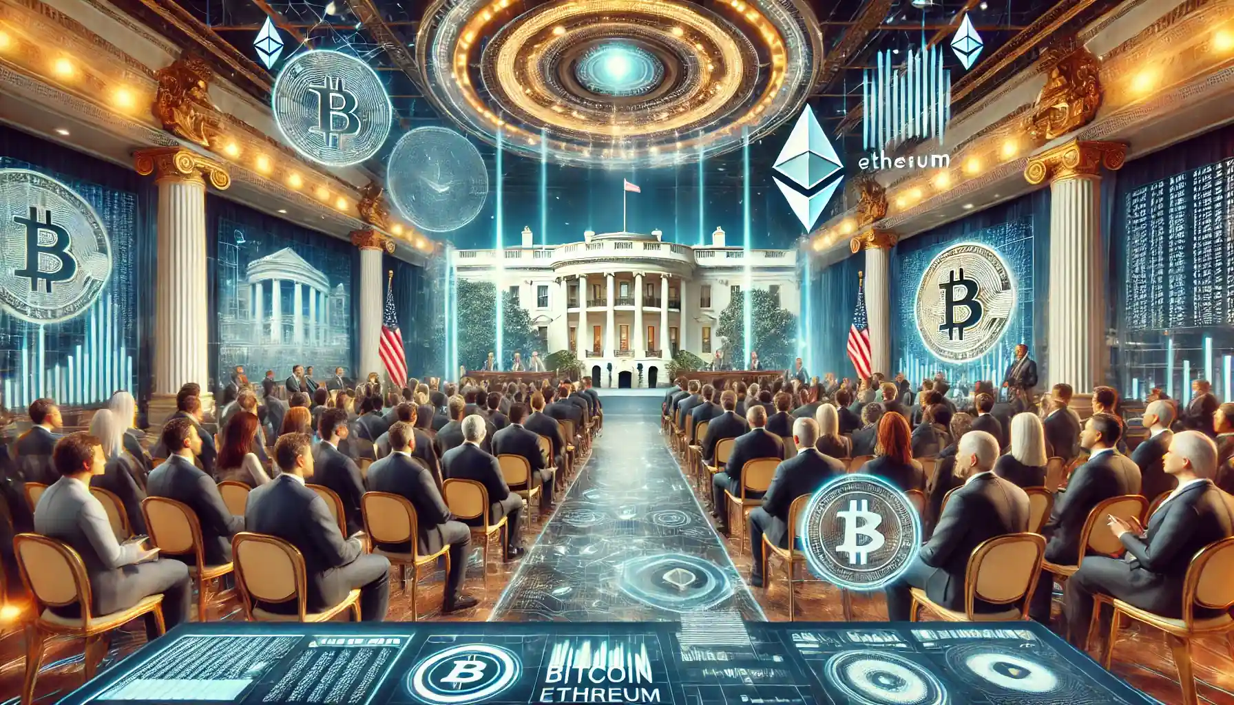Illustration futuriste représentant un sommet sur les crypto-monnaies à la Maison Blanche, réunissant Donald Trump, des experts financiers et des leaders du secteur blockchain.