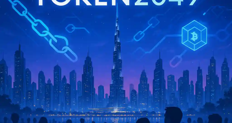Vue futuriste de Dubaï by night avec skyline, logo TOKEN2049, symboles blockchain et silhouettes de participants.