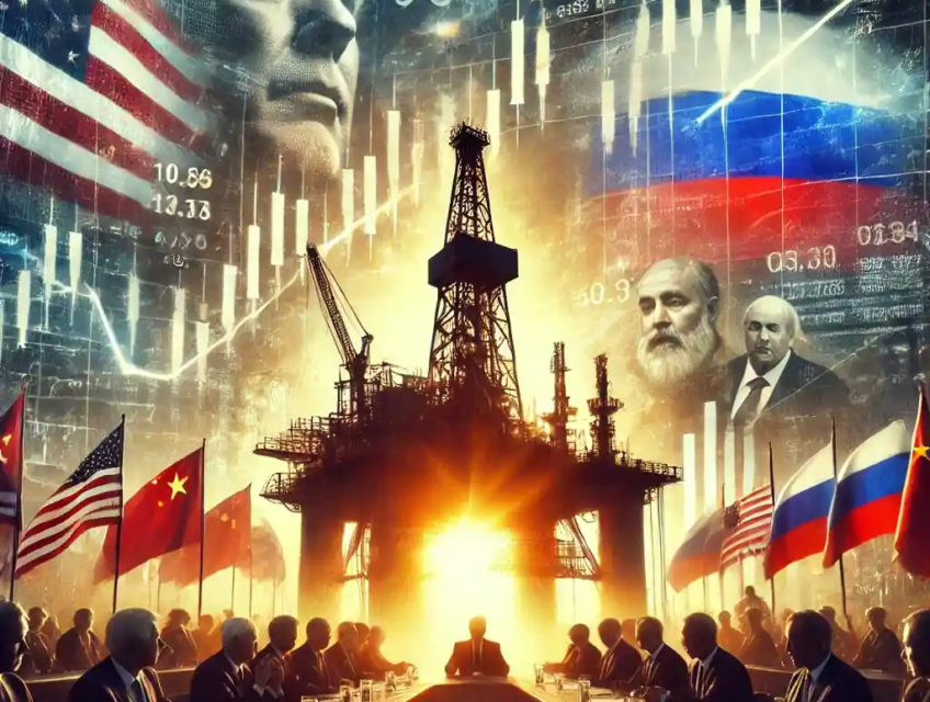 Illustration détaillée représentant la tension géopolitique entourant le marché pétrolier, avec une plateforme pétrolière en premier plan et des leaders politiques en négociation en arrière-plan.