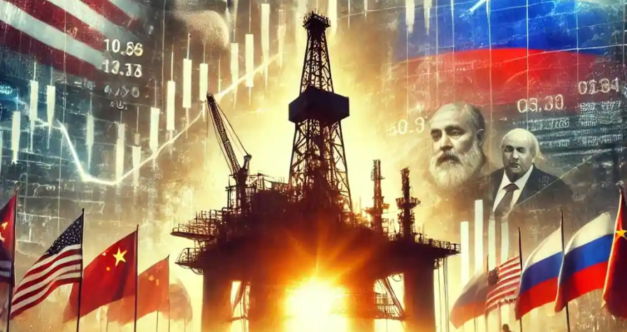 Illustration détaillée représentant la tension géopolitique entourant le marché pétrolier, avec une plateforme pétrolière en premier plan et des leaders politiques en négociation en arrière-plan.