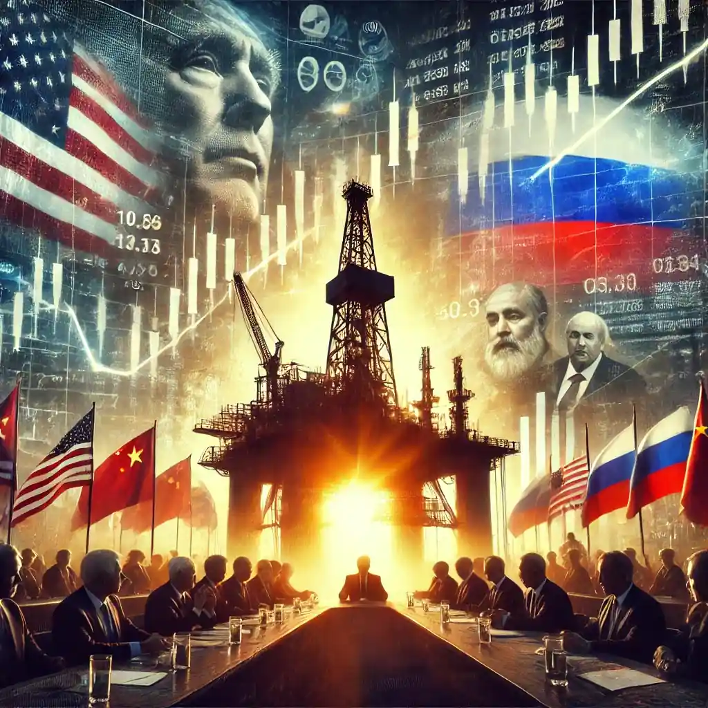 Illustration détaillée représentant la tension géopolitique entourant le marché pétrolier, avec une plateforme pétrolière en premier plan et des leaders politiques en négociation en arrière-plan.