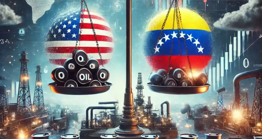 Illustration symbolique représentant les tensions géopolitiques entre les États-Unis et le Venezuela autour du commerce du pétrole