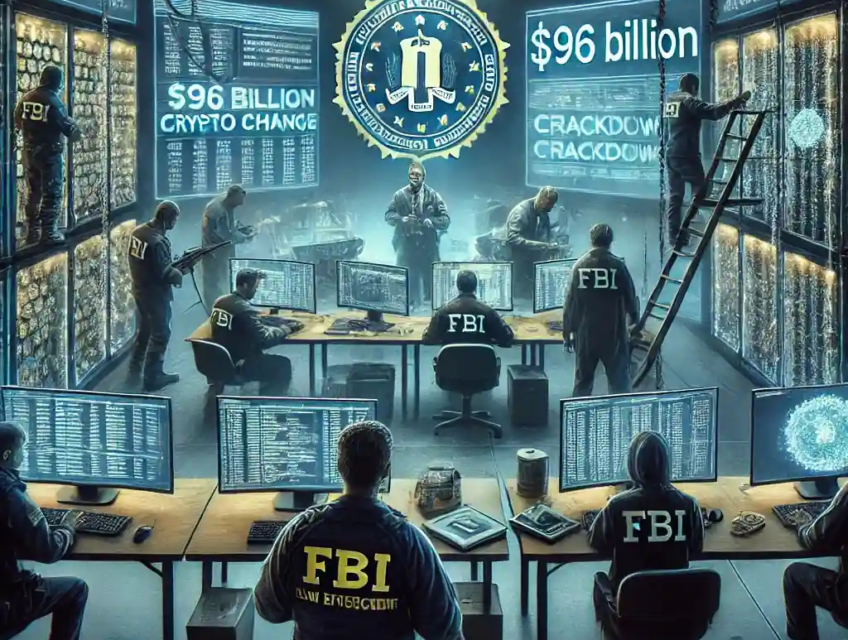 FBI agents and law enforcement officers shutting down the Garantex crypto exchange in a high-tech investigation room, with multiple computer screens displaying frozen crypto assets.