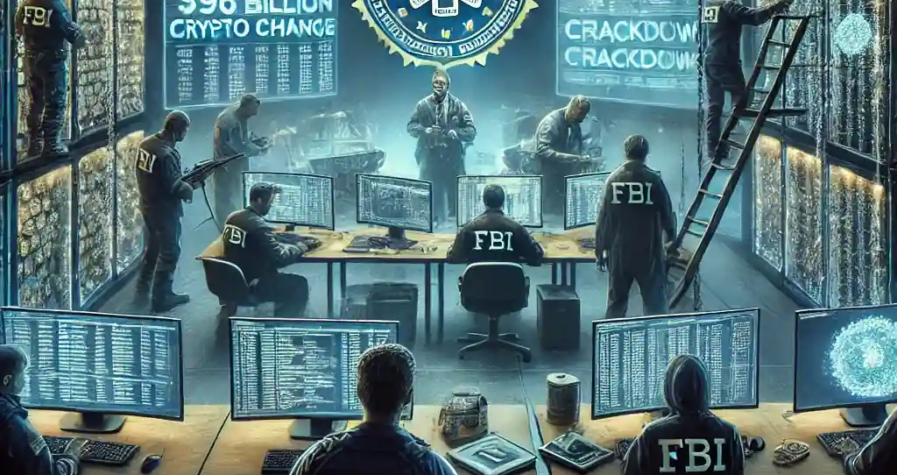 FBI agents and law enforcement officers shutting down the Garantex crypto exchange in a high-tech investigation room, with multiple computer screens displaying frozen crypto assets.