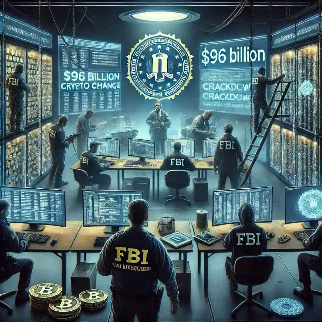 FBI agents and law enforcement officers shutting down the Garantex crypto exchange in a high-tech investigation room, with multiple computer screens displaying frozen crypto assets.