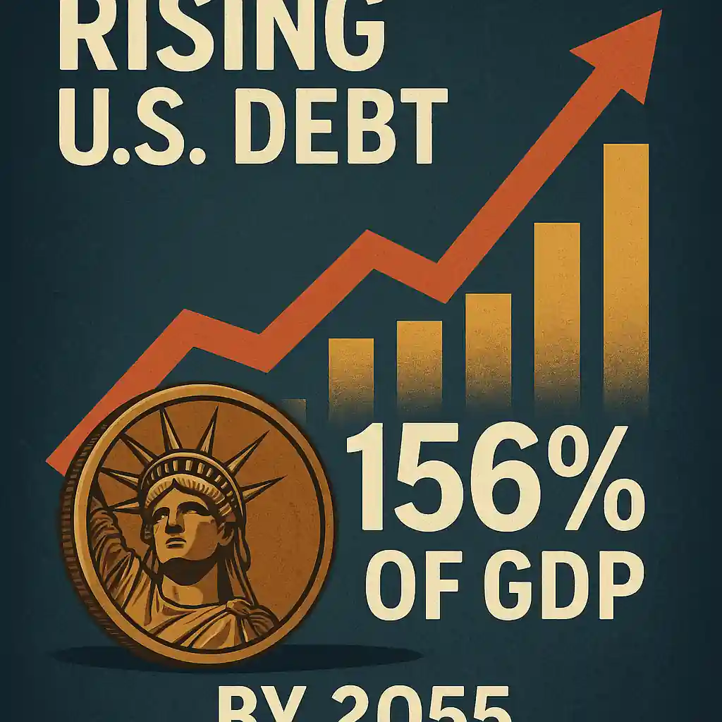 Digital illustration of rising U.S. debt with Capitol building and economic growth indicators fading in the background.