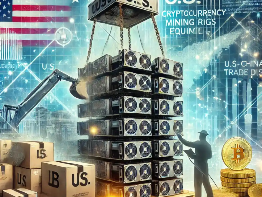 An illustration featuring stacks of cryptocurrency mining rigs being released from a customs checkpoint, with trade policy documents, blockchain networks, and U.S.-China trade symbols.