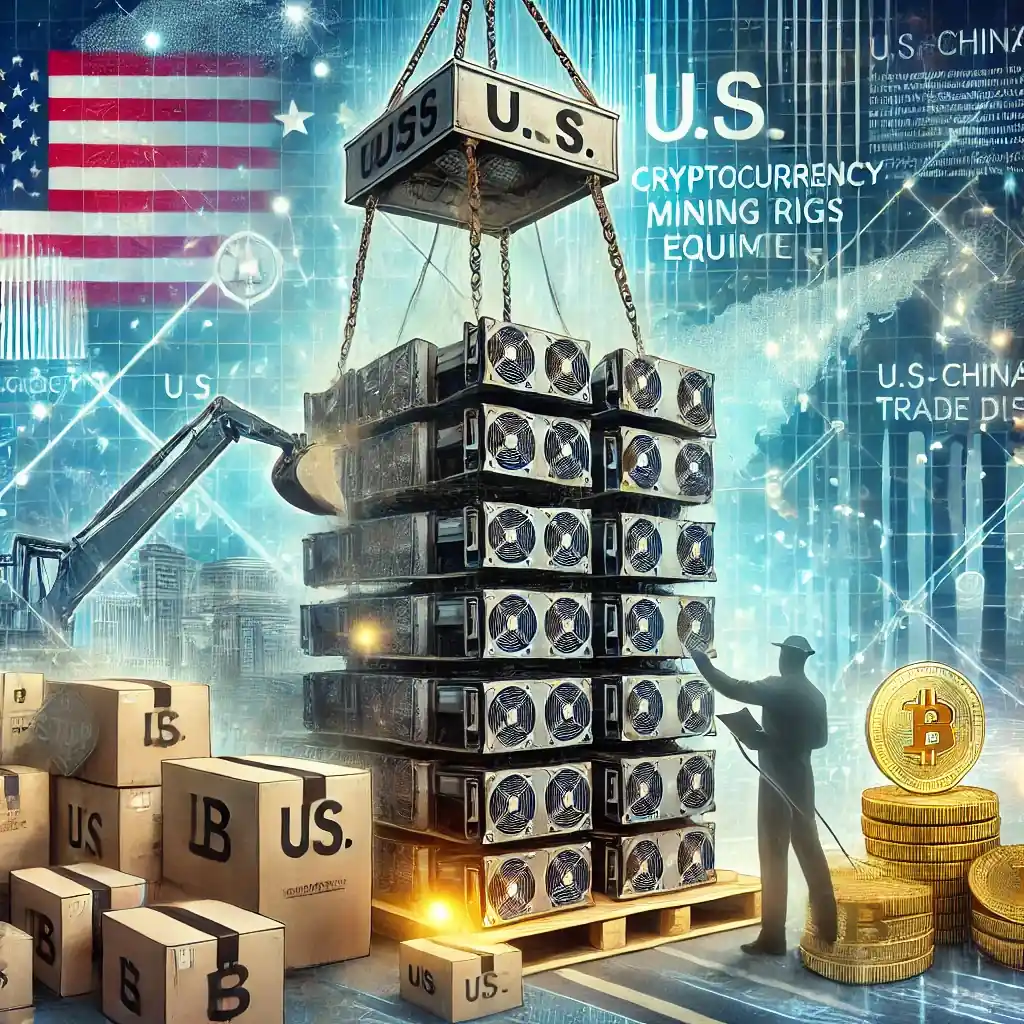 An illustration featuring stacks of cryptocurrency mining rigs being released from a customs checkpoint, with trade policy documents, blockchain networks, and U.S.-China trade symbols.