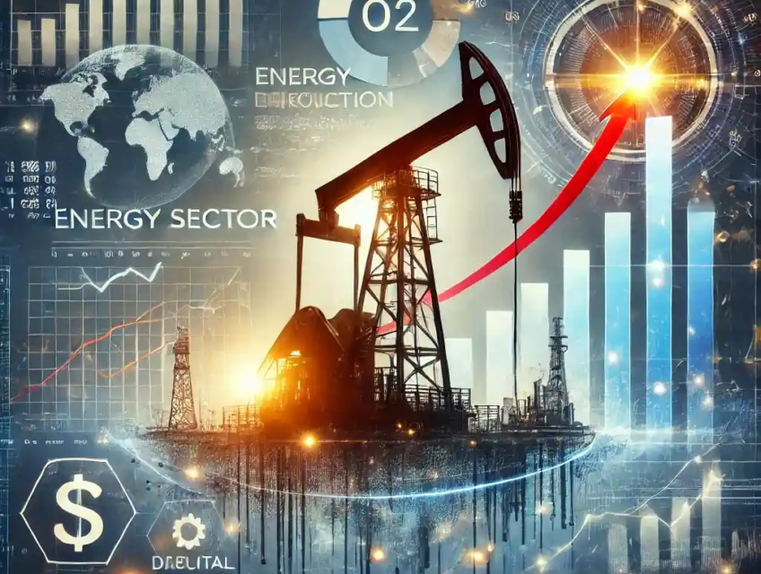 An illustration featuring an oil drilling rig with a rising production graph, energy sector financial reports, and market volatility indicators.