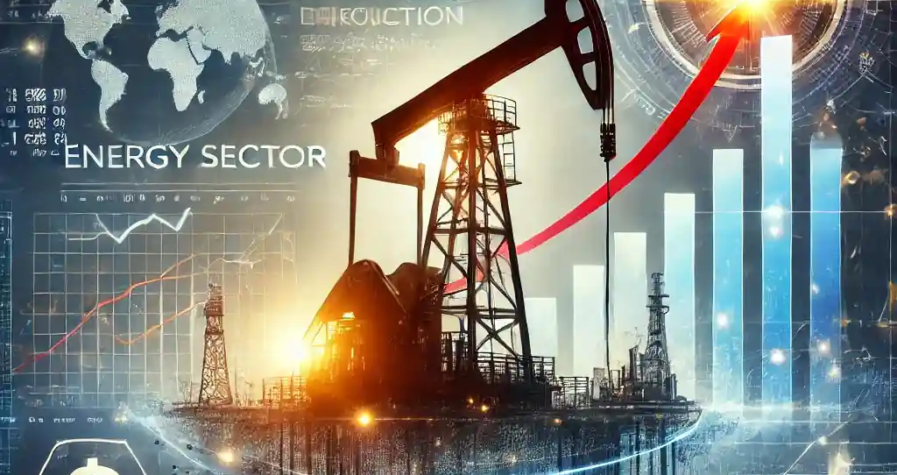An illustration featuring an oil drilling rig with a rising production graph, energy sector financial reports, and market volatility indicators.