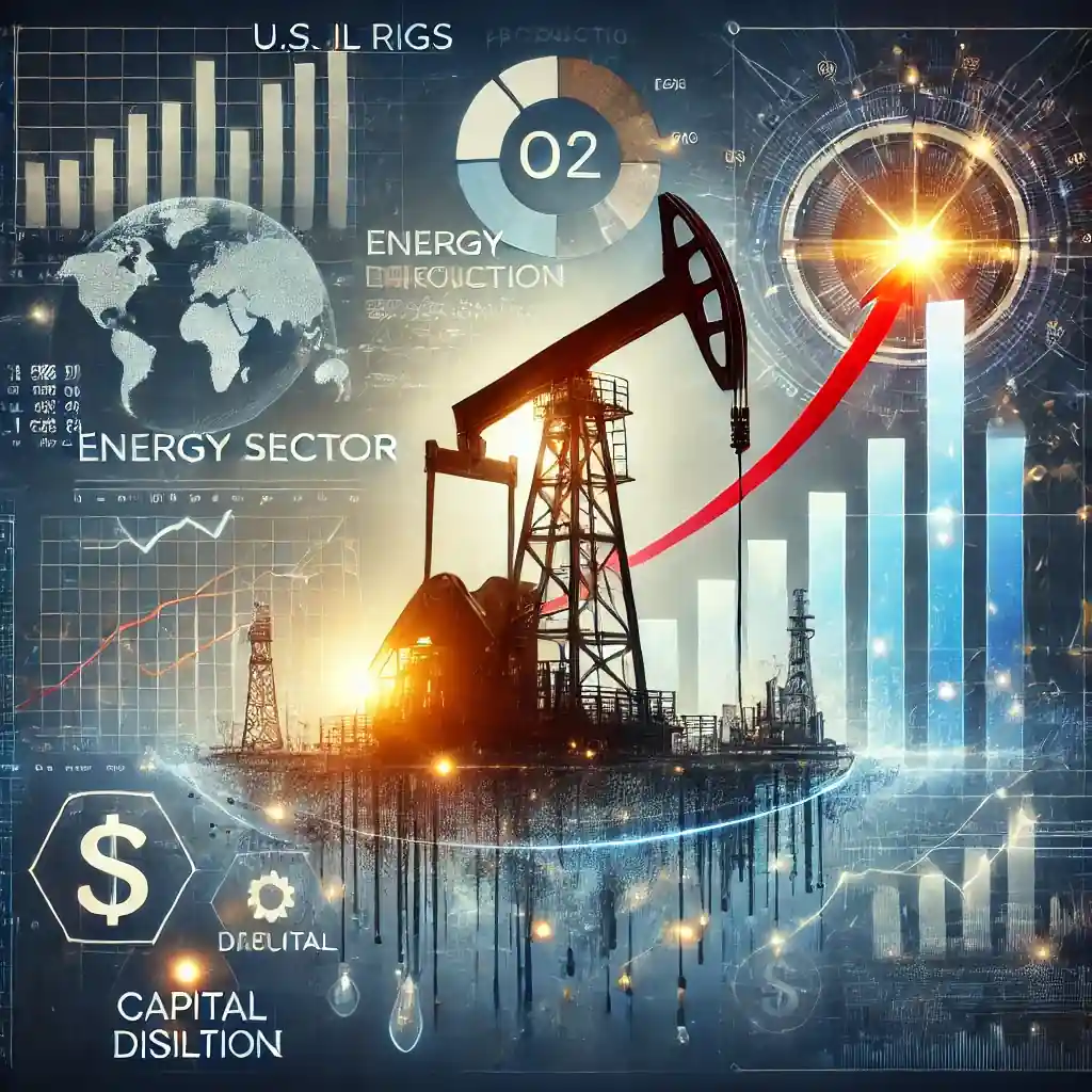An illustration featuring an oil drilling rig with a rising production graph, energy sector financial reports, and market volatility indicators.