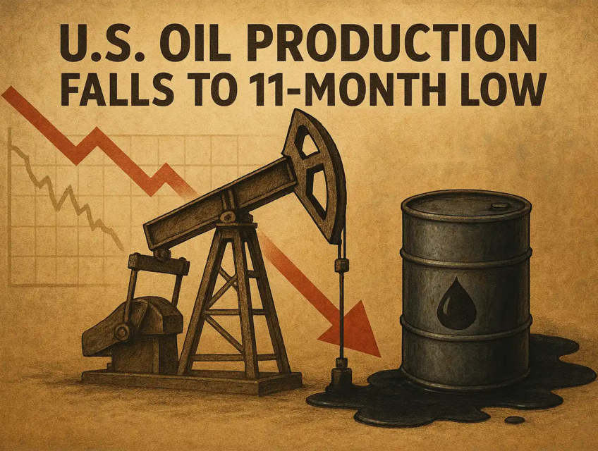 Illustration of a declining U.S. oil industry with a rusty pumpjack, leaking barrel, and a red downward arrow symbolizing a production drop.