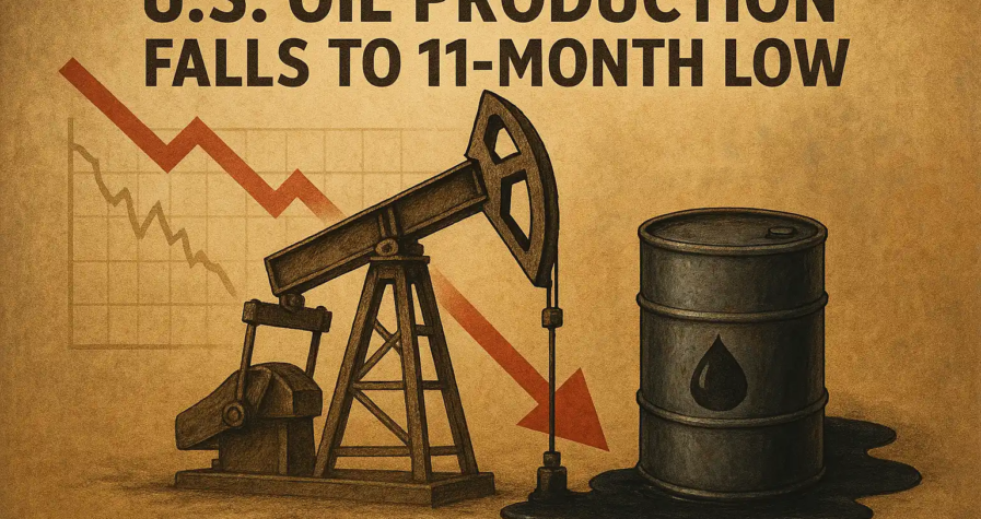 Illustration of a declining U.S. oil industry with a rusty pumpjack, leaking barrel, and a red downward arrow symbolizing a production drop.
