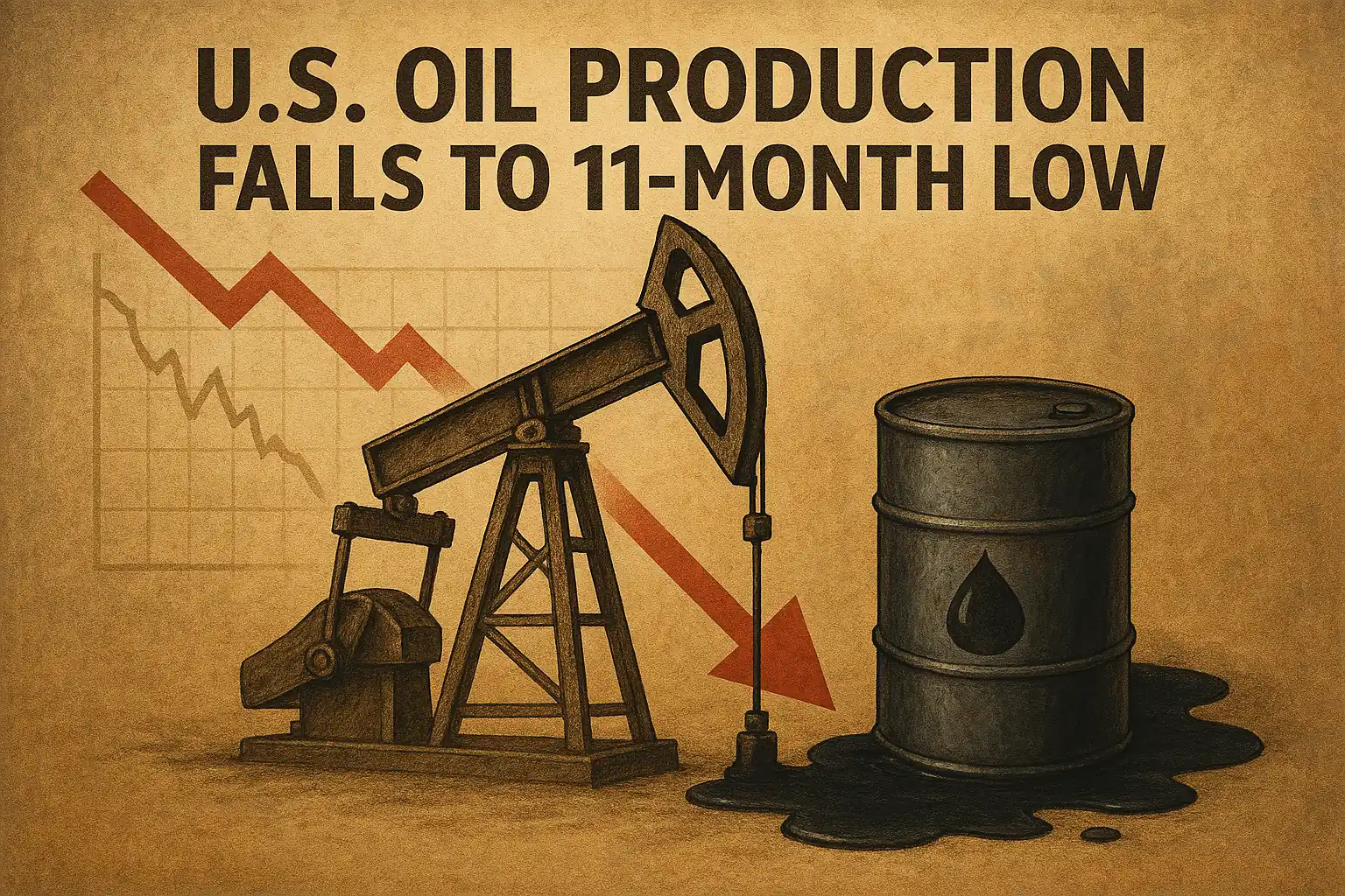 Illustration of a declining U.S. oil industry with a rusty pumpjack, leaking barrel, and a red downward arrow symbolizing a production drop.