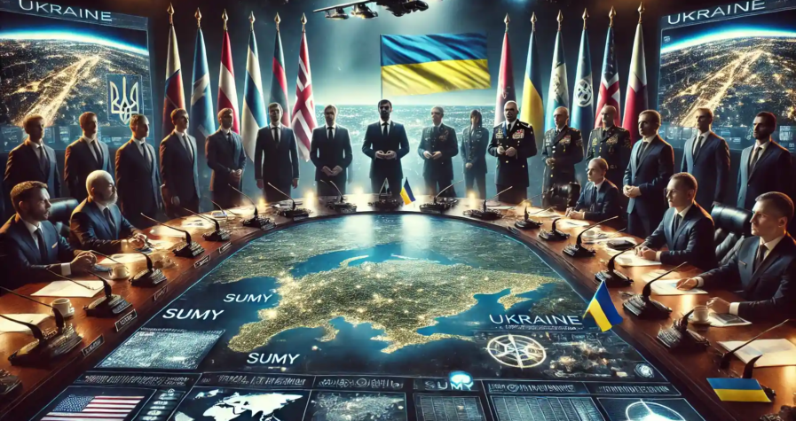 Illustration réaliste représentant l’Ukraine au cœur des tensions diplomatiques mondiales avec Volodymyr Zelensky et des dirigeants internationaux réunis.