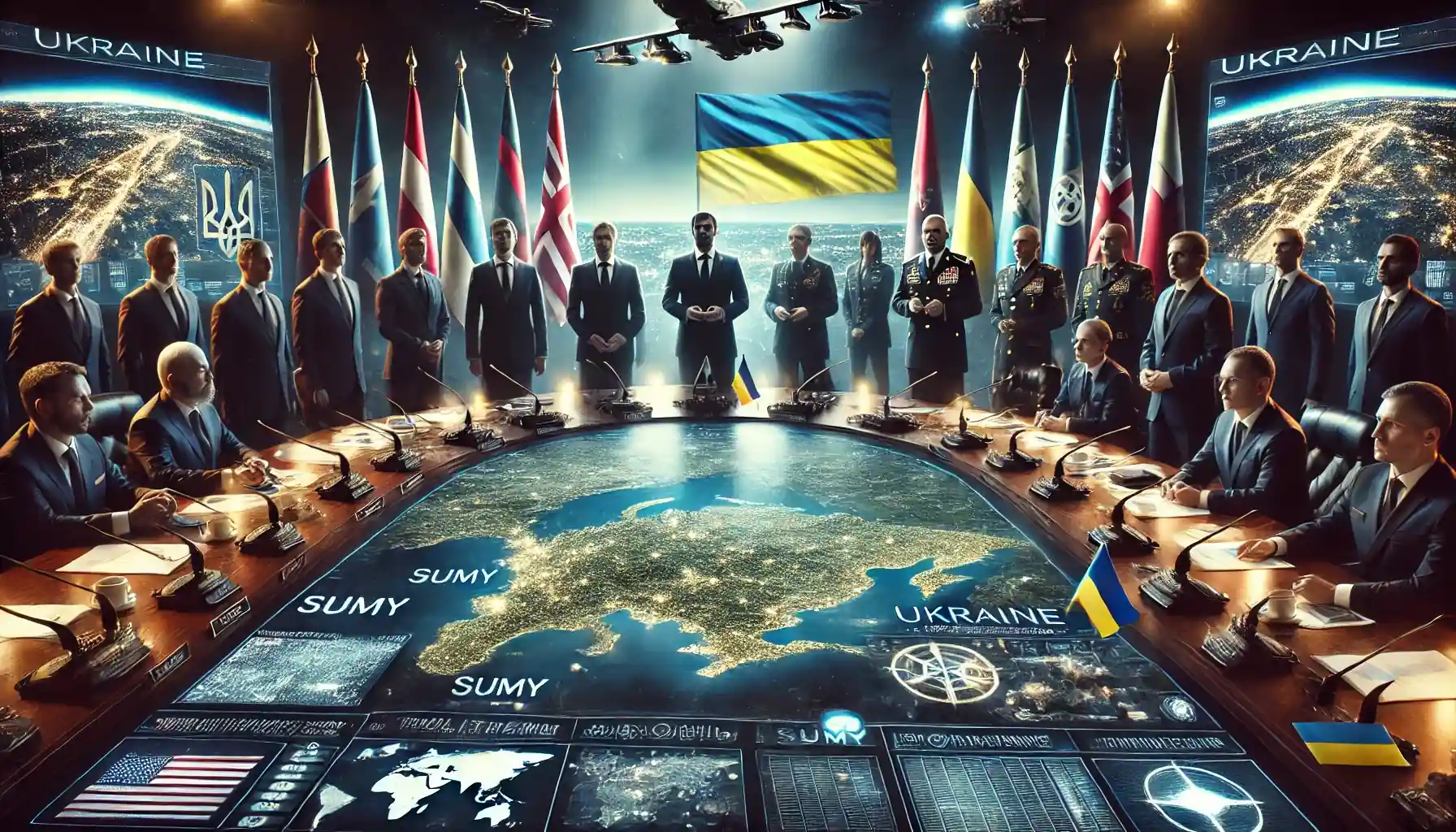 Illustration réaliste représentant l’Ukraine au cœur des tensions diplomatiques mondiales avec Volodymyr Zelensky et des dirigeants internationaux réunis.