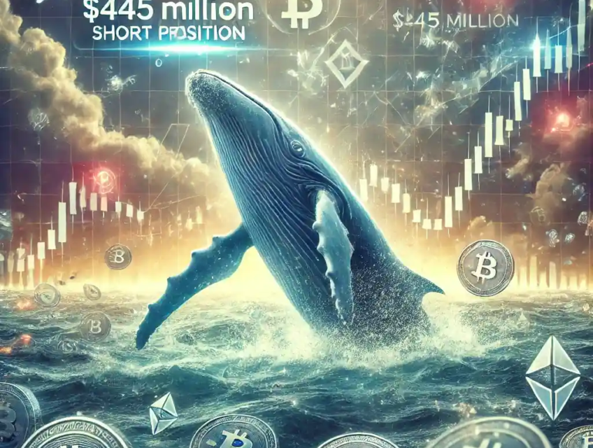 "Illustration numérique d’une baleine géante représentant un investisseur crypto pariant contre le Bitcoin sur une plateforme décentralisée"