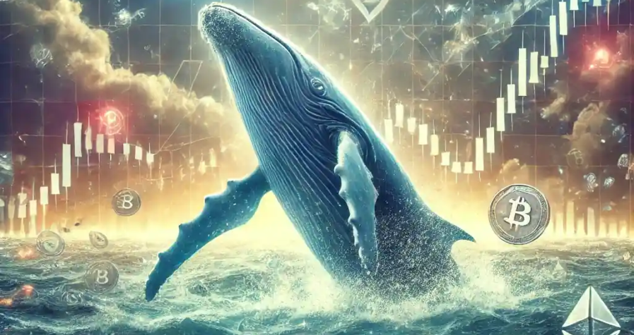 "Illustration numérique d’une baleine géante représentant un investisseur crypto pariant contre le Bitcoin sur une plateforme décentralisée"