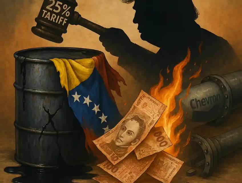 A symbolic political illustration showing Trump’s 25% tariff impacting Venezuela’s oil economy, with burning bolivars, a leaking oil barrel, and a Chevron pipeline.