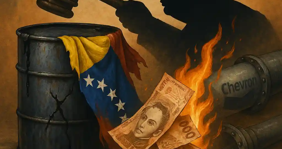 A symbolic political illustration showing Trump’s 25% tariff impacting Venezuela’s oil economy, with burning bolivars, a leaking oil barrel, and a Chevron pipeline.