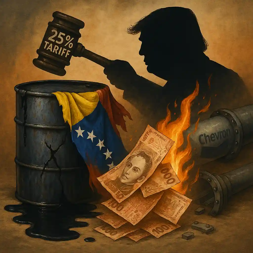 A symbolic political illustration showing Trump’s 25% tariff impacting Venezuela’s oil economy, with burning bolivars, a leaking oil barrel, and a Chevron pipeline.