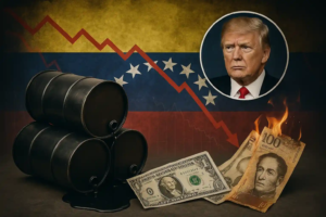 Image réaliste montrant des barils de pétrole, le drapeau du Venezuela, Donald Trump, des billets de dollars et bolivars brûlés sur fond de graphique en chute.