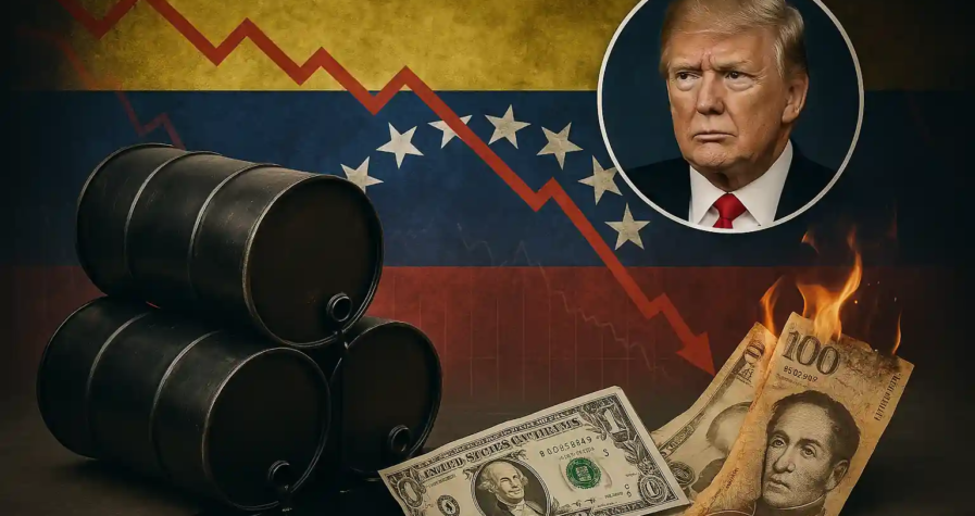 Image réaliste montrant des barils de pétrole, le drapeau du Venezuela, Donald Trump, des billets de dollars et bolivars brûlés sur fond de graphique en chute.