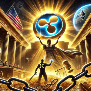 Illustration symbolique de Ripple (XRP) remportant une bataille judiciaire contre la SEC, avec un logo XRP lumineux et une figure représentant la SEC en retrait.