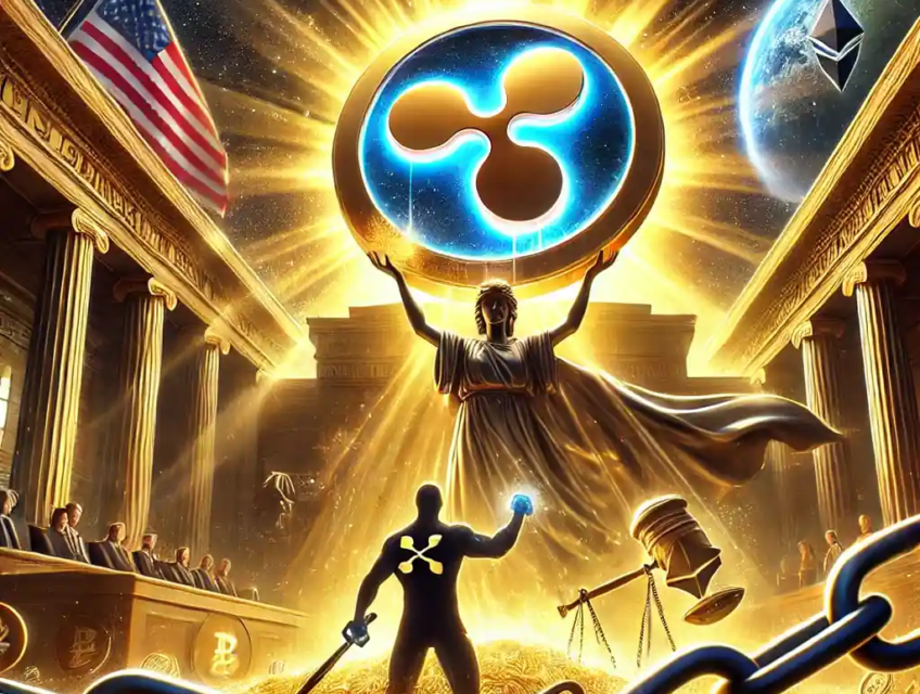 Illustration symbolique de Ripple (XRP) remportant une bataille judiciaire contre la SEC, avec un logo XRP lumineux et une figure représentant la SEC en retrait.