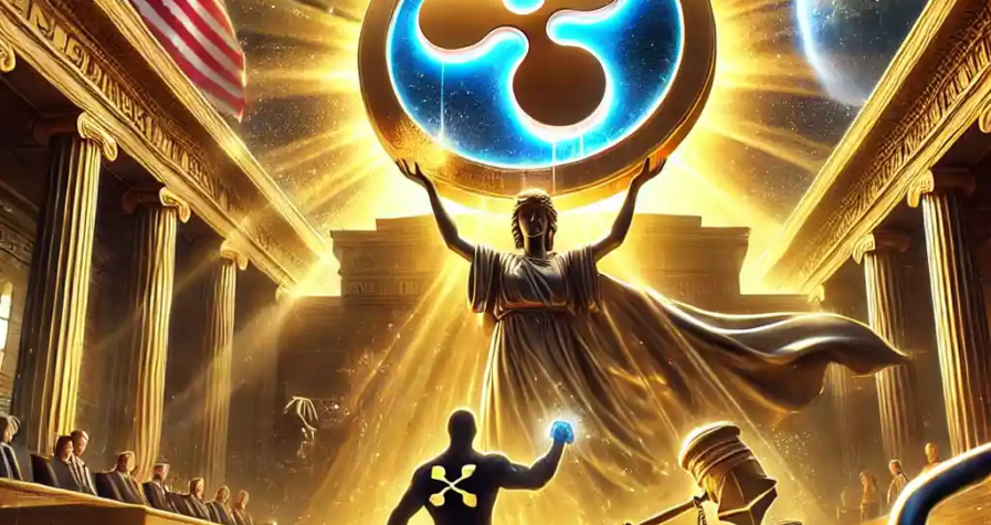 Illustration symbolique de Ripple (XRP) remportant une bataille judiciaire contre la SEC, avec un logo XRP lumineux et une figure représentant la SEC en retrait.