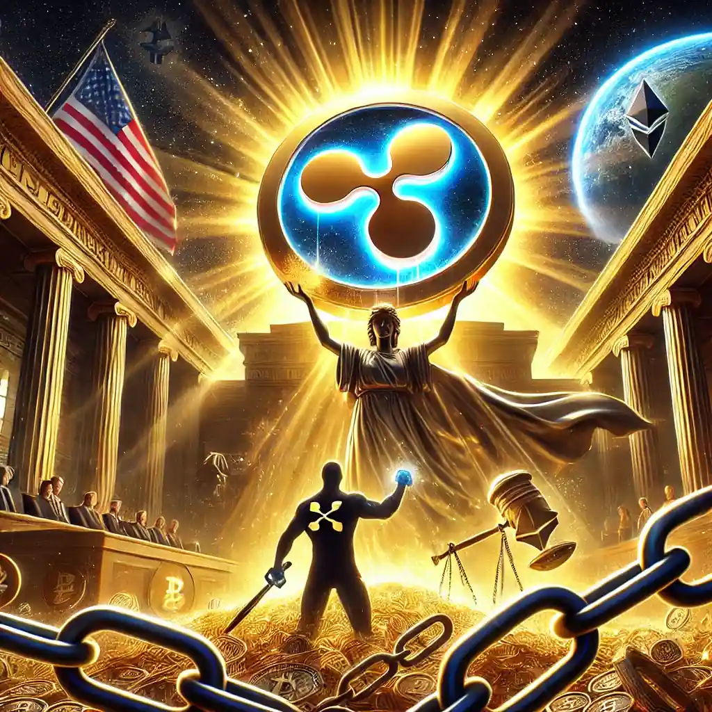 Illustration symbolique de Ripple (XRP) remportant une bataille judiciaire contre la SEC, avec un logo XRP lumineux et une figure représentant la SEC en retrait.