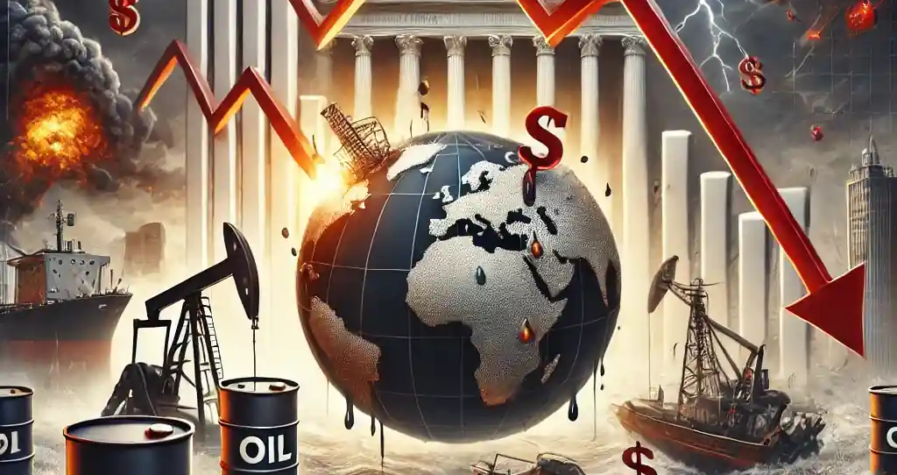 Illustration symbolique de la chute des prix du pétrole, avec barils, globe fissuré, flèches rouges et ciel orageux.