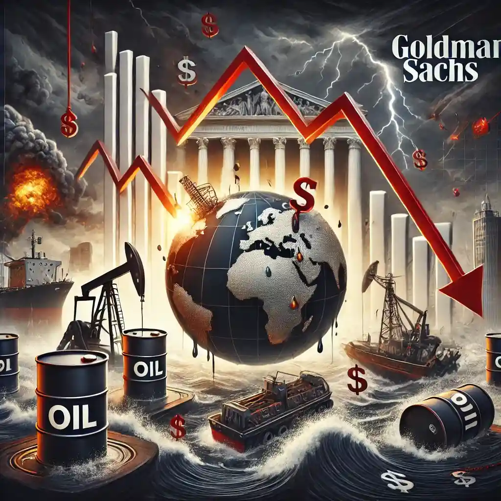 Illustration symbolique de la chute des prix du pétrole, avec barils, globe fissuré, flèches rouges et ciel orageux.