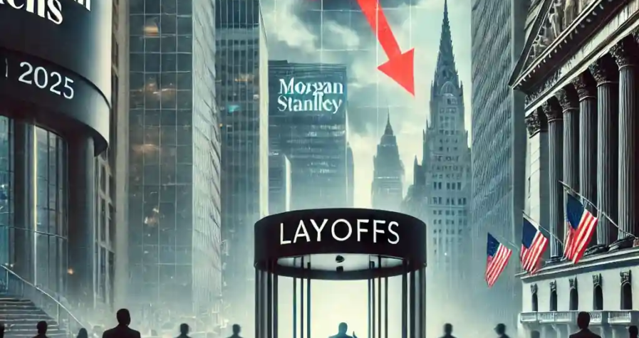 Illustration of Wall Street layoffs in 2025 with businesspeople exiting buildings under stormy skies and falling market indicators.