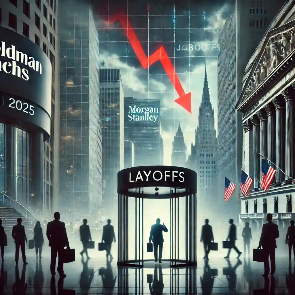 Illustration of Wall Street layoffs in 2025 with businesspeople exiting buildings under stormy skies and falling market indicators.